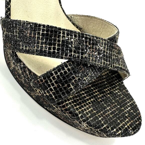 Michael Kors Evie Stiletto Heel Sandal Sz 8.5 Black/Gold Platform Spark Glitter - Picture 10 of 16